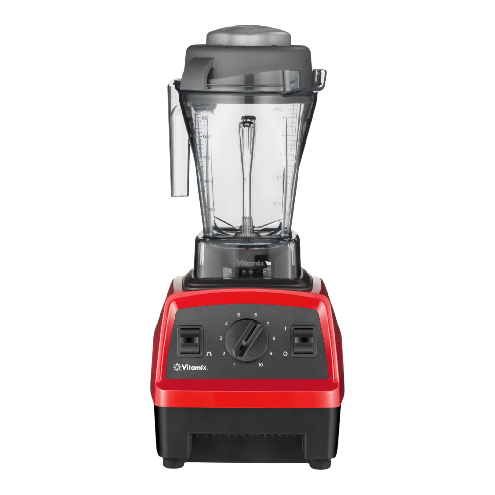 Vitamix Explorian E310 Hochleistungsmixer in Rot — Frontansicht mit 10-Gang-Drehregler und Pulstasten mit 1,4-L-Behälter