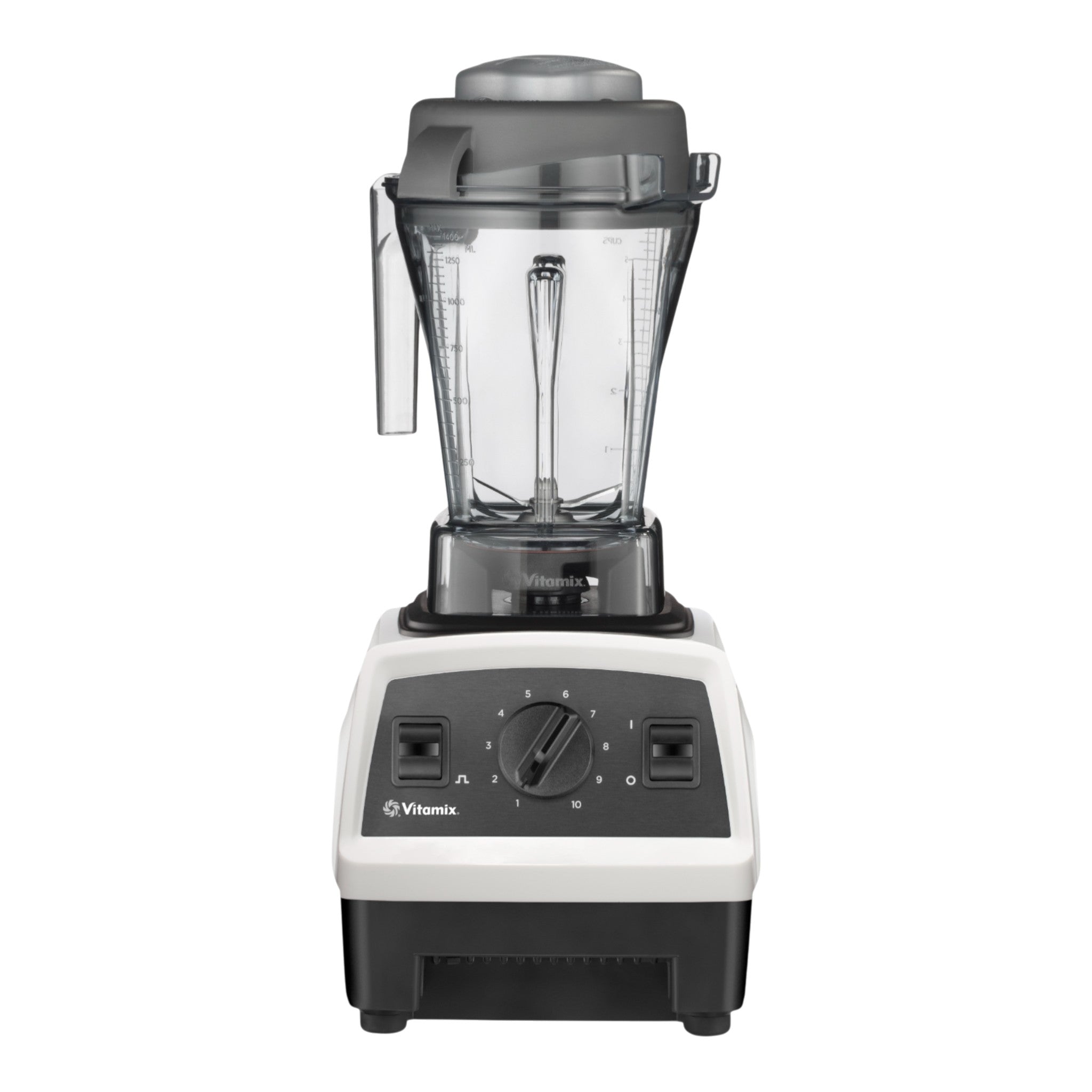 Vitamix Explorian E310 Hochleistungsmixer in Weiß — Frontansicht mit 10-Gang-Drehregler und Pulstasten mit 1,4-L-Behälter