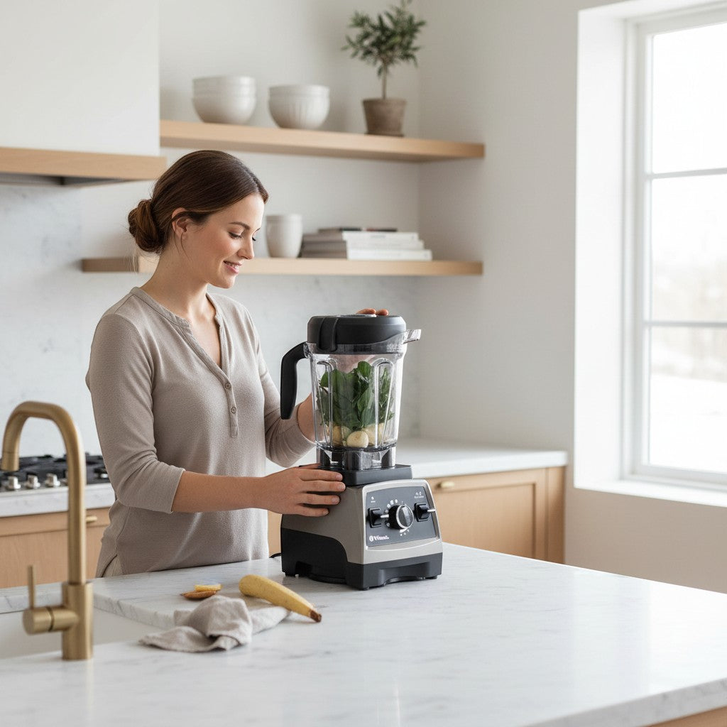 Vitamix Pro 750 Standmixer in Anthrazit mit 2-Liter-Behälter und intuitiver Bedienung über Drehregler und Kippschalter.